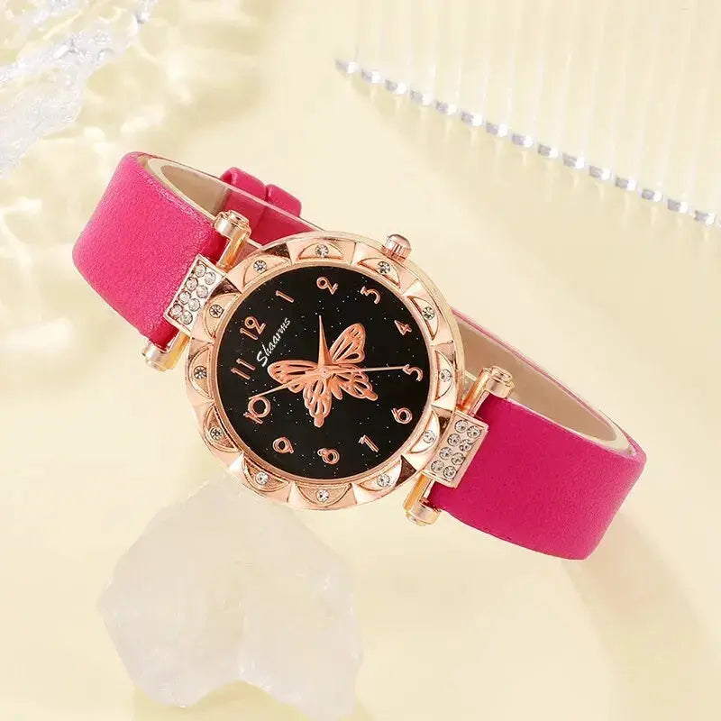 Set van 5 Dameshorloges met Quartzuurwerk en Vlinderdesign in Rose Rood Levouré