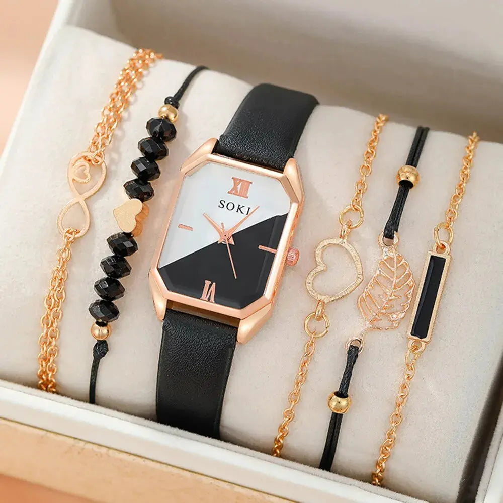 Set van 6 Dameshorloges met Vierkante Quartz en Dainty Armbanden Levouré
