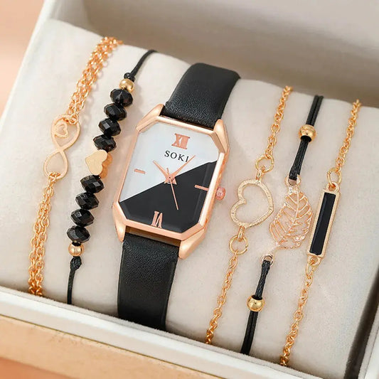 Set van 6 Dameshorloges met Vierkante Quartz en Dainty Armbanden Levouré