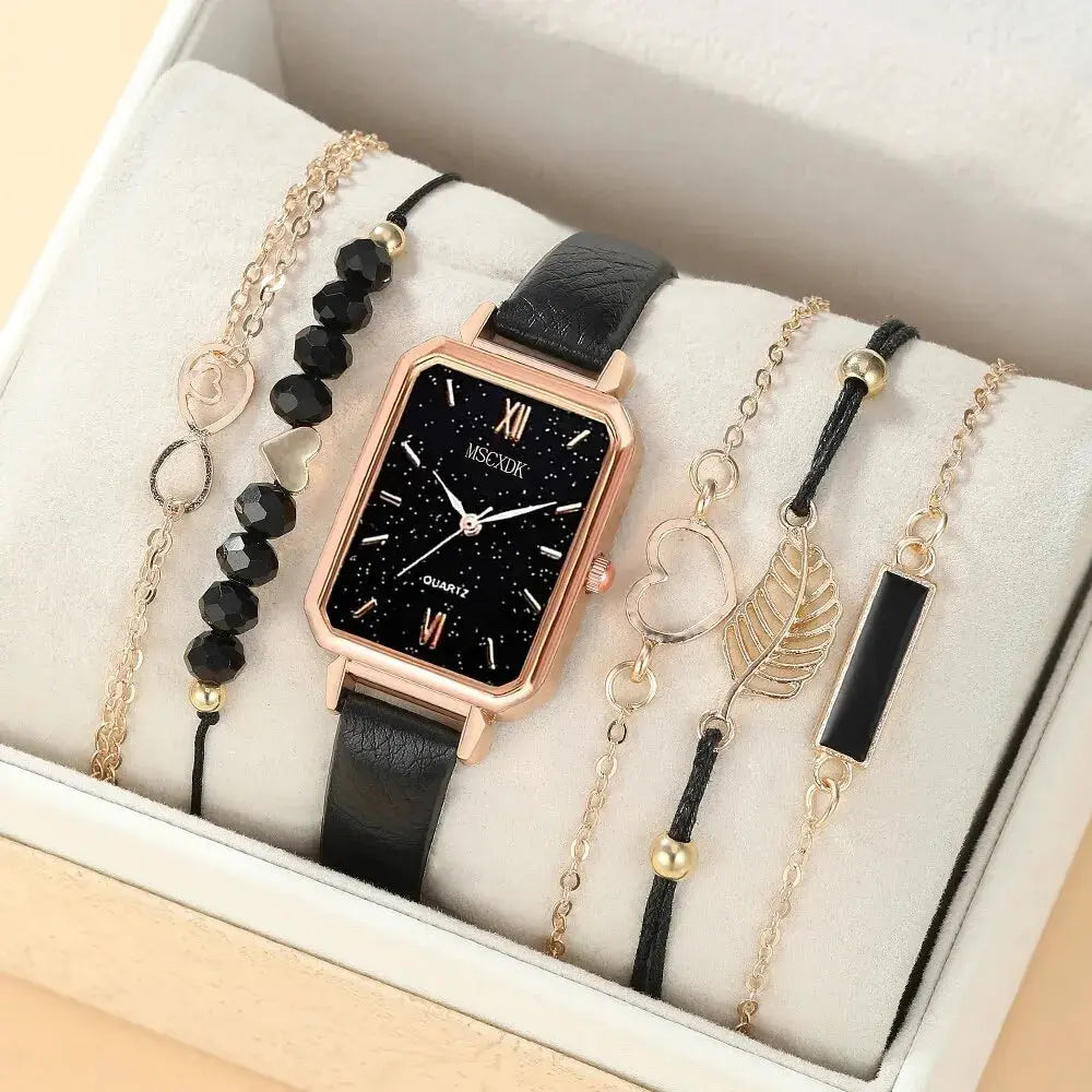 Set van 6 Dameshorloges met Vierkante Quartz en Dainty Armbanden