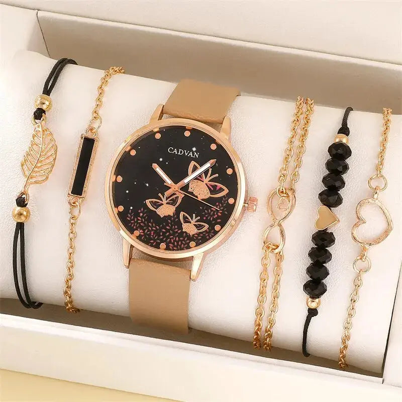 Set van 6 Dameshorloges met Vlinderdesign en Armband Levouré